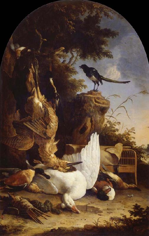 REMBRANDT Harmenszoon van Rijn A hunter-s Bag near a tree stump with a magpie,known as the contemplative Magpie China oil painting art